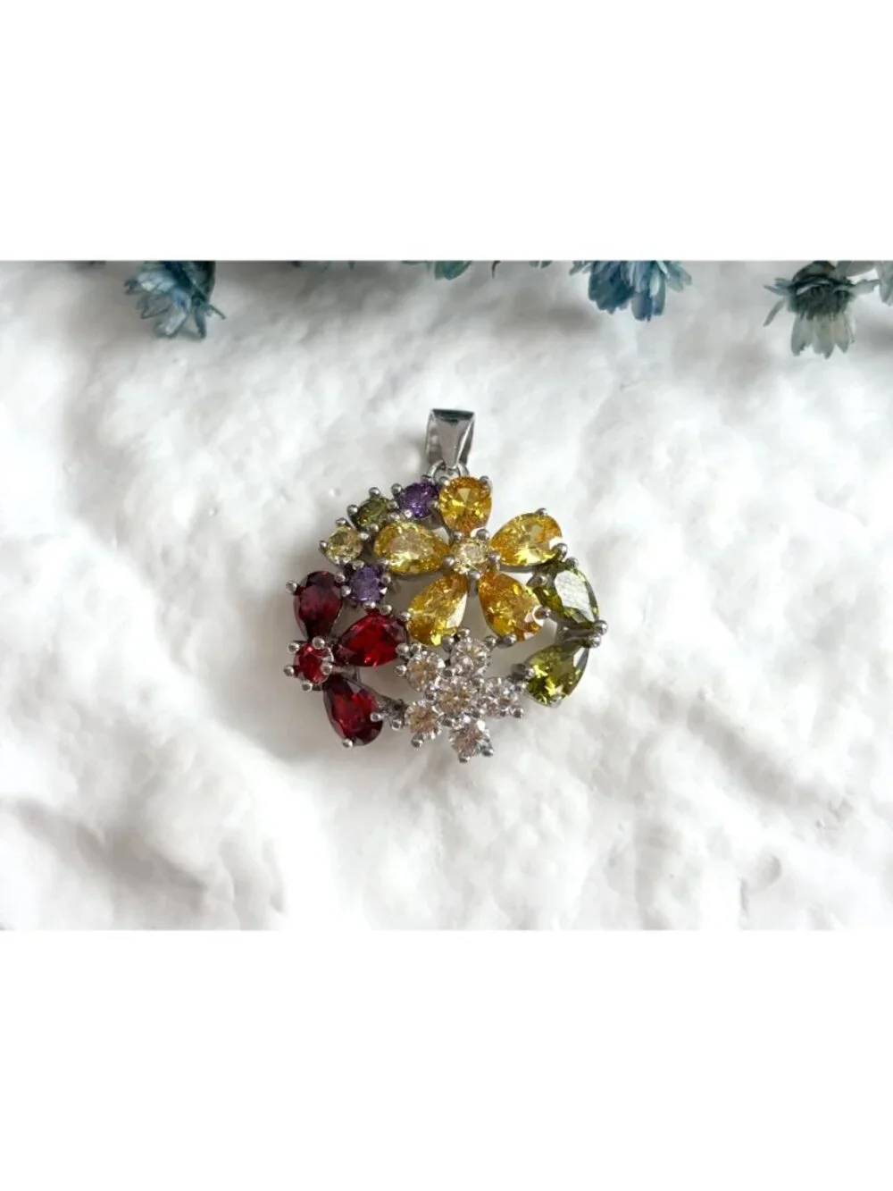 Floral Rainbow Peridot, Citrine, Garnet & CZ Gemstone Vintage Pendant | Charm